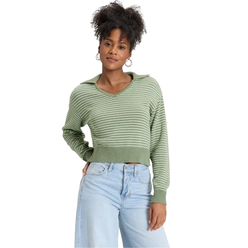 Universal Thread Womens Green Striped Collared V Neck Long Sleeve Sweater Size L